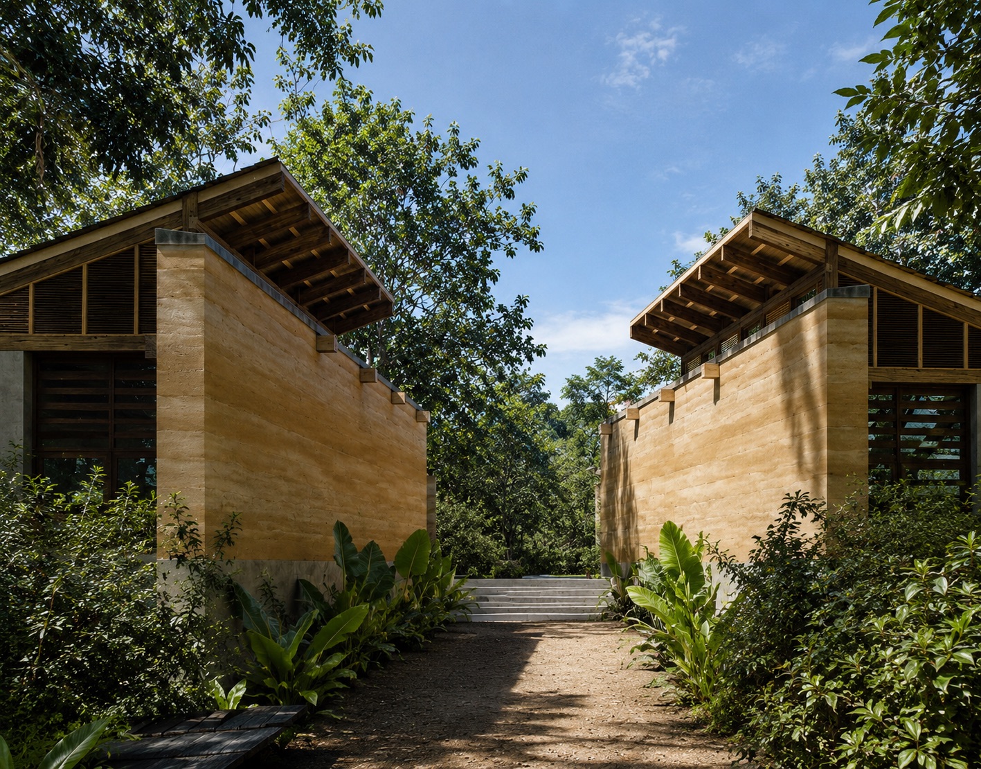 Refugio de dos volúmenes en tapia pisada con cubiertas de madera a dos aguas, rodeado de vegetación, con un sendero de tierra entre ellos — proyecto GUA 01 en Santander, LINEA PRIMA, arquitectos en Bogotá.