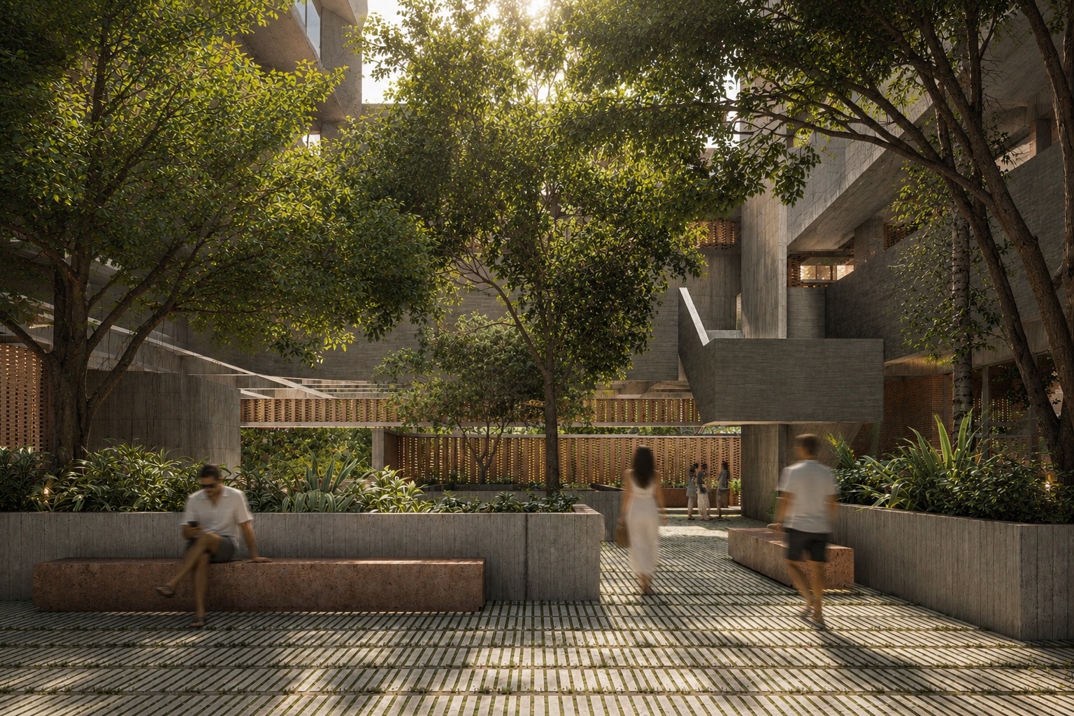 Vivienda de ladrillo a la vista entre jardines al anochecer