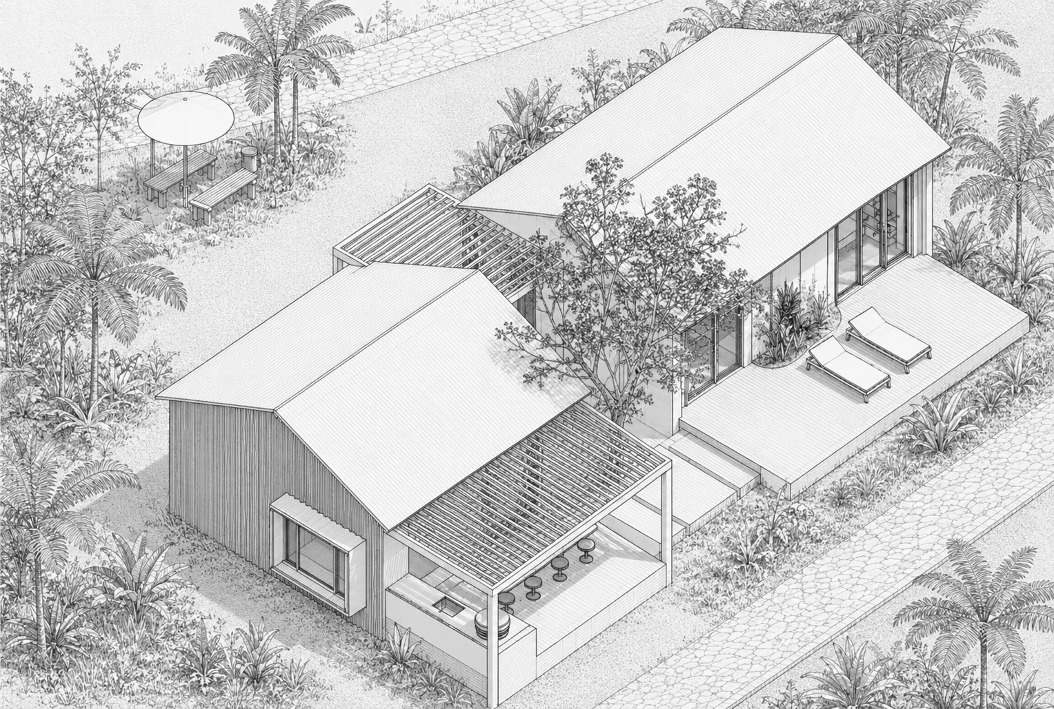 Axonometría de una vivienda unifamiliar con sus dos volúmenes y la pérgola sobre la terraza — LINEA PRIMA, arquitectos en Bogotá.