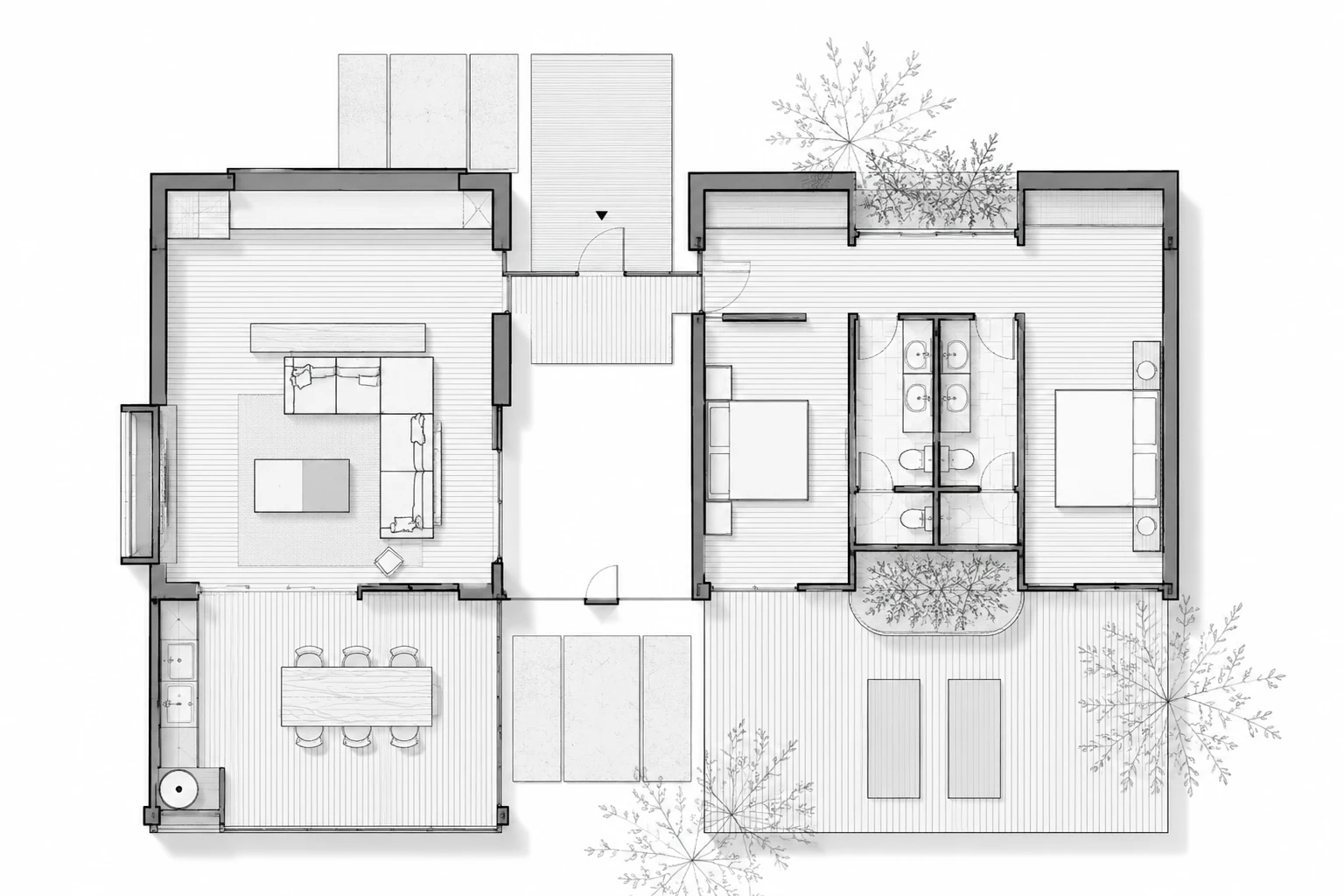 Planta arquitectónica dibujada de una vivienda unifamiliar, con dos volúmenes unidos por un zaguán — LINEA PRIMA, arquitectos en Bogotá.