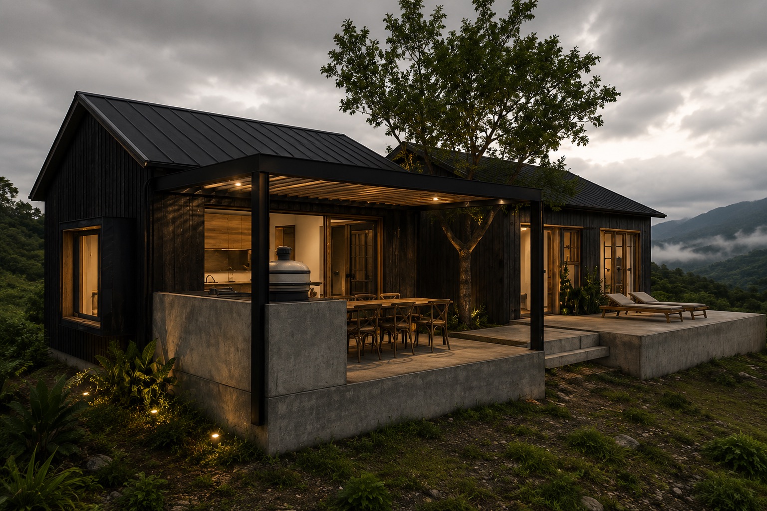 Imagen del proyecto ORO 01, vivienda unifamiliar en Cundinamarca, CO, con madera carbonizada (shou sugi ban) y travertino — arquitectura de LINEA PRIMA, arquitectos en Bogotá.
