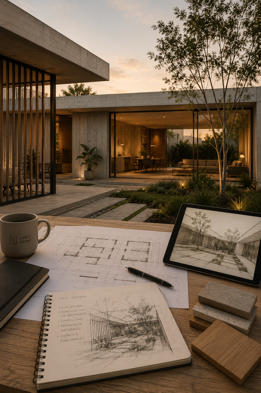 Casa contemporánea al atardecer con planos, bocetos, materiales y mesa de diseño