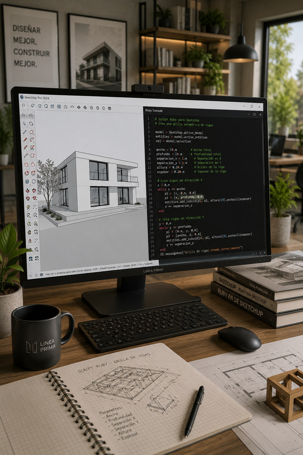 Pantalla con SketchUp y consola Ruby para automatización de modelos arquitectónicos